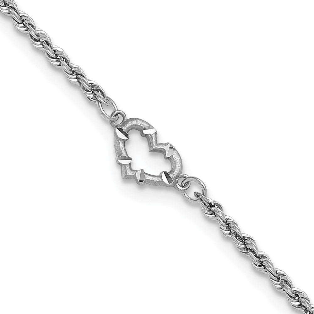 10ANK153-10.jpg 10k White Gold Diamond-cut Open Heart and Rope Chain Anklet - Image 1