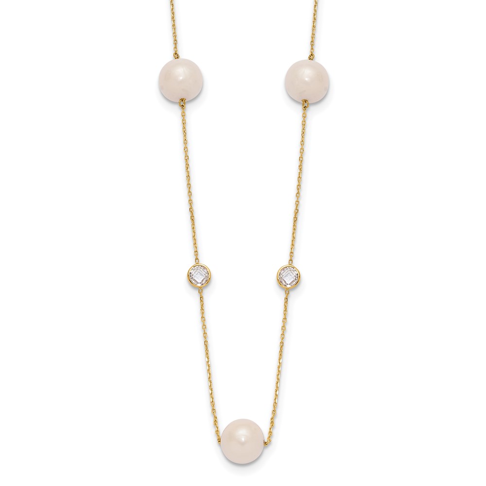 10C1470-20.jpg 10K Polished CZ and 7-8mm FWC Pearl 7 Station Necklace - Image 1