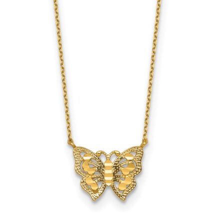 10k Polished and Diamond-cut Pierced Butterfly 15.with Extension Necklace