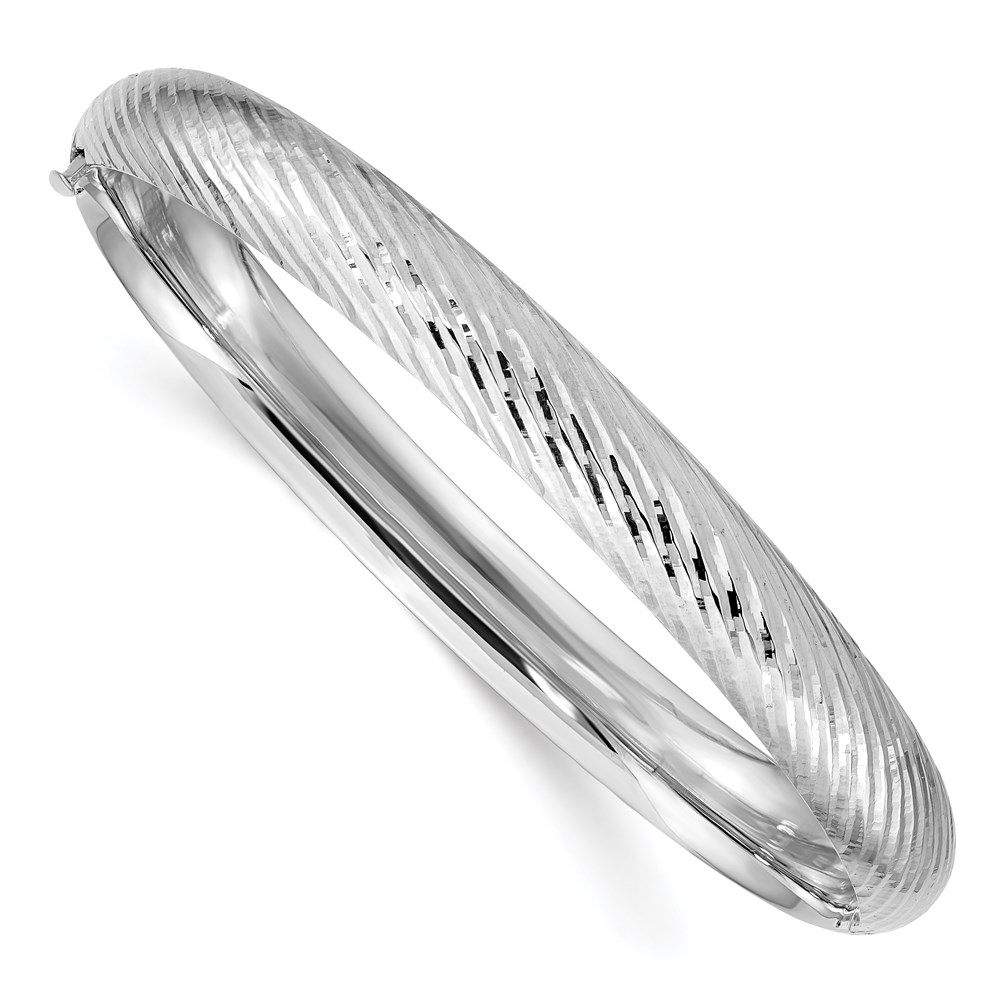 DB654W-1.jpg 14k White Gold 5/16 Polished Textured 8.00mm Hinged Oval Bangle Bracelet - Image 1