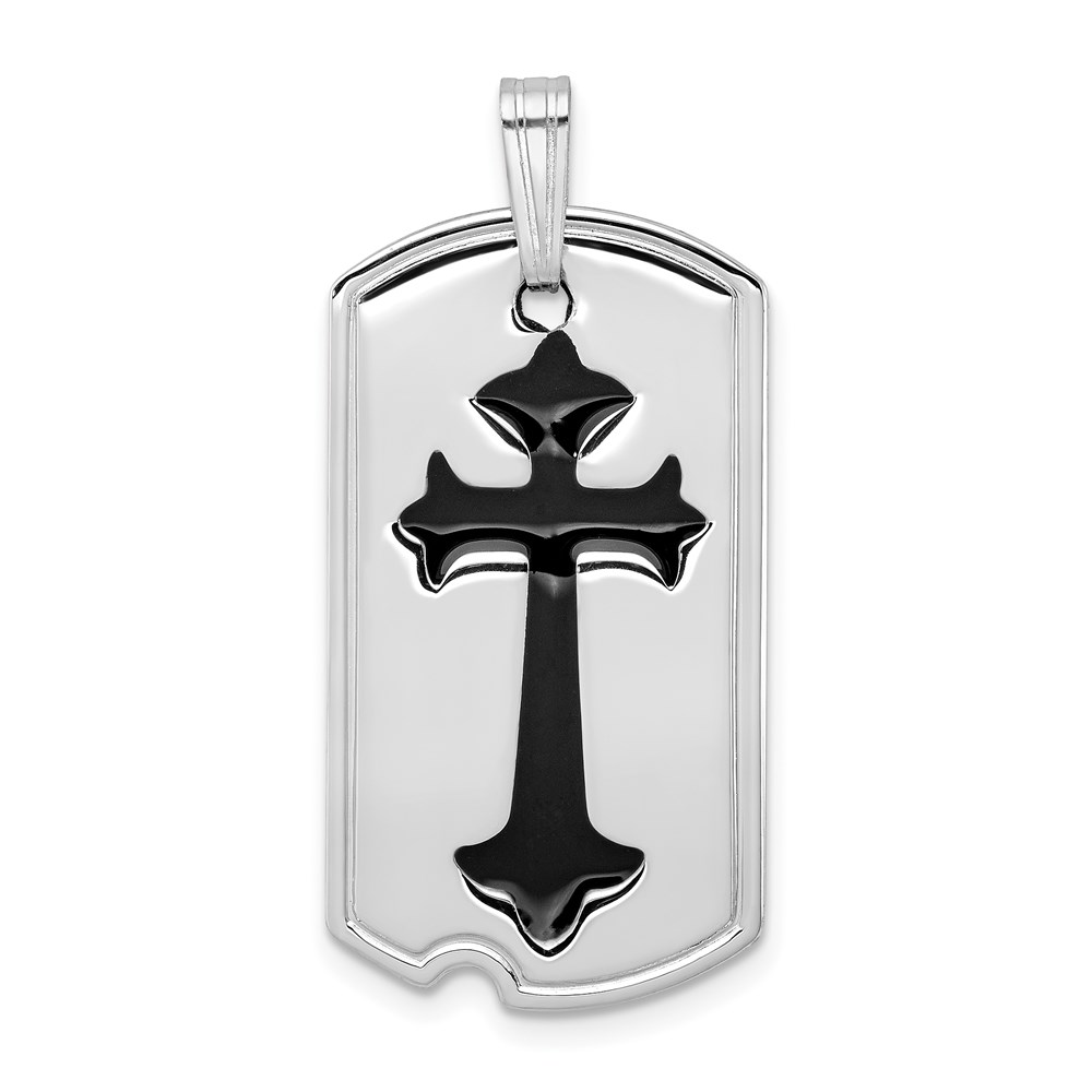 QC7379-1.jpg Sterling Silver Platinum-plated Polished Black Epoxy Cross Dog Tag Pendant - Image 1