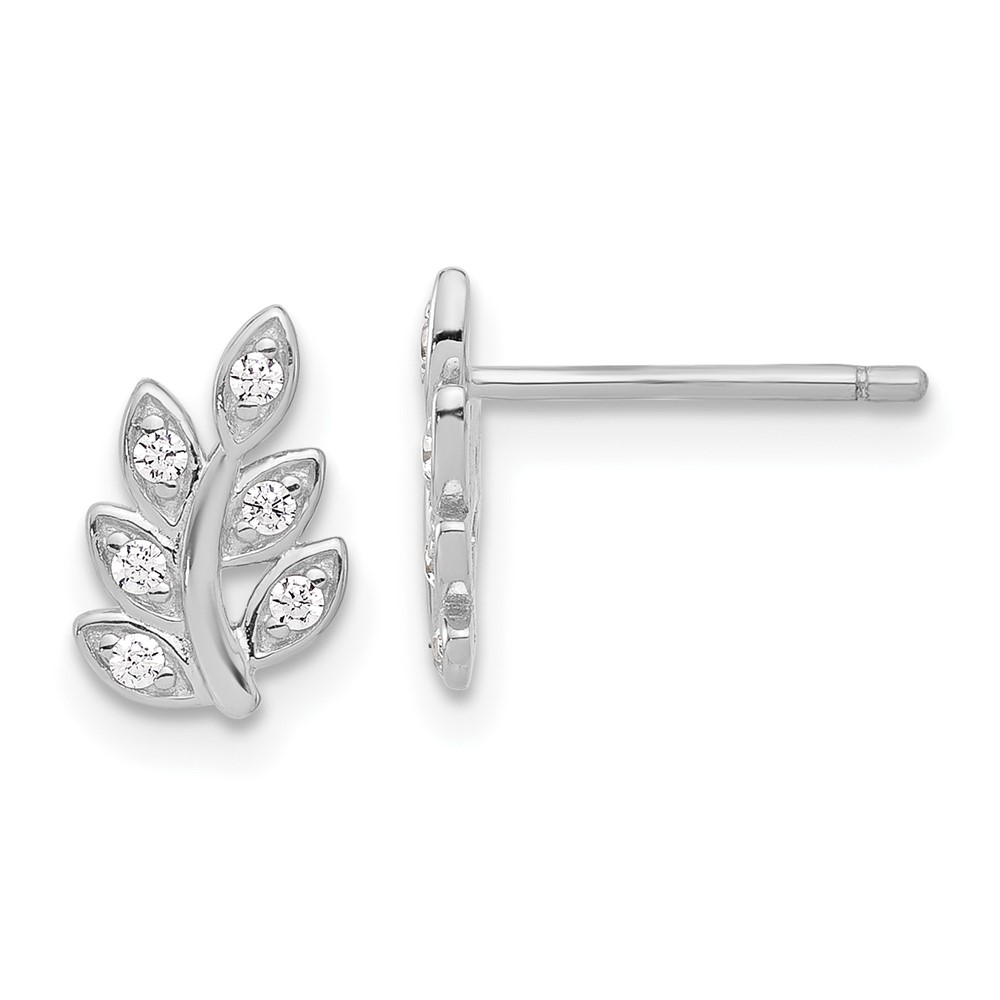 QE17644-1.jpg Sterling Silver Rhodium-plated CZ Leaf Post Earrings - Image 1