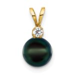 14k 7-8mm Black Round Akoya Saltwater Cultured Pearl and 1/20 Carat Diamond Pendant