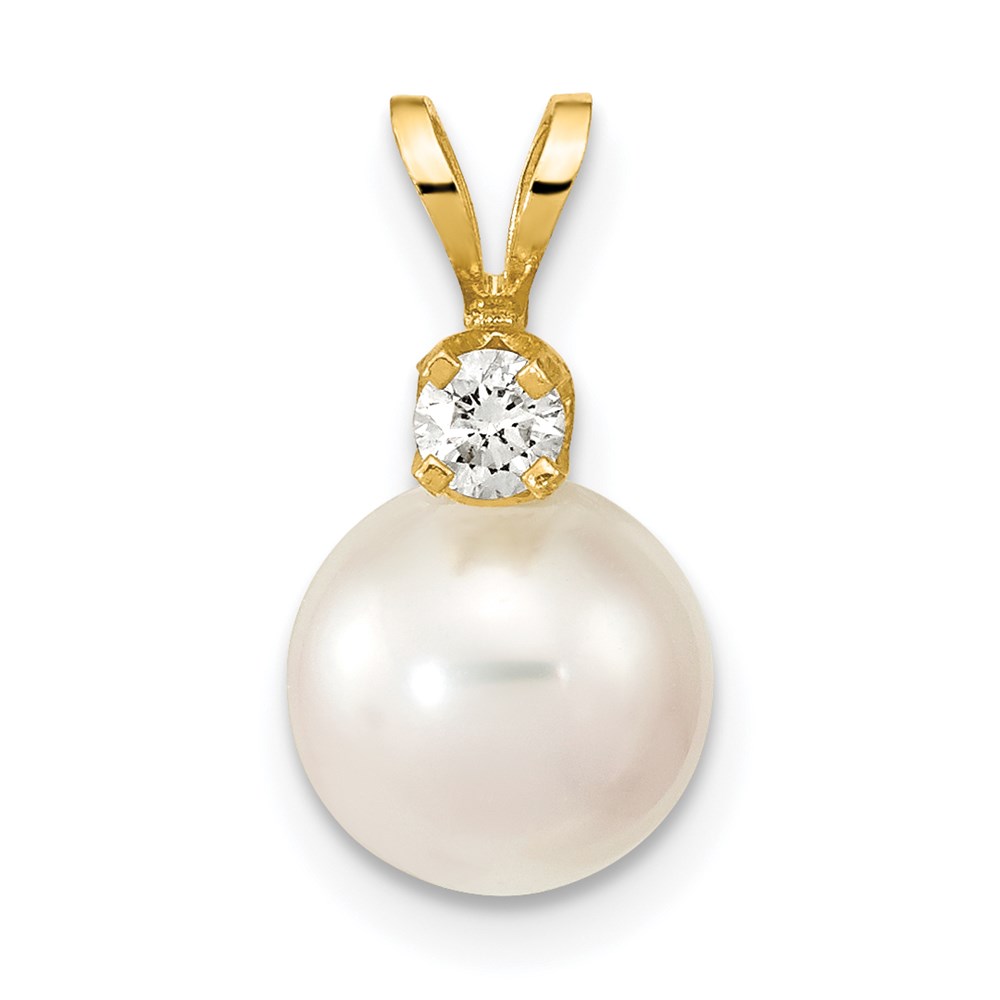 XF477-1.jpg 14k 8-9mm White Round Akoya Saltwater Cultured Pearl and 1/10 Carat Diamond Pendant - Image 1