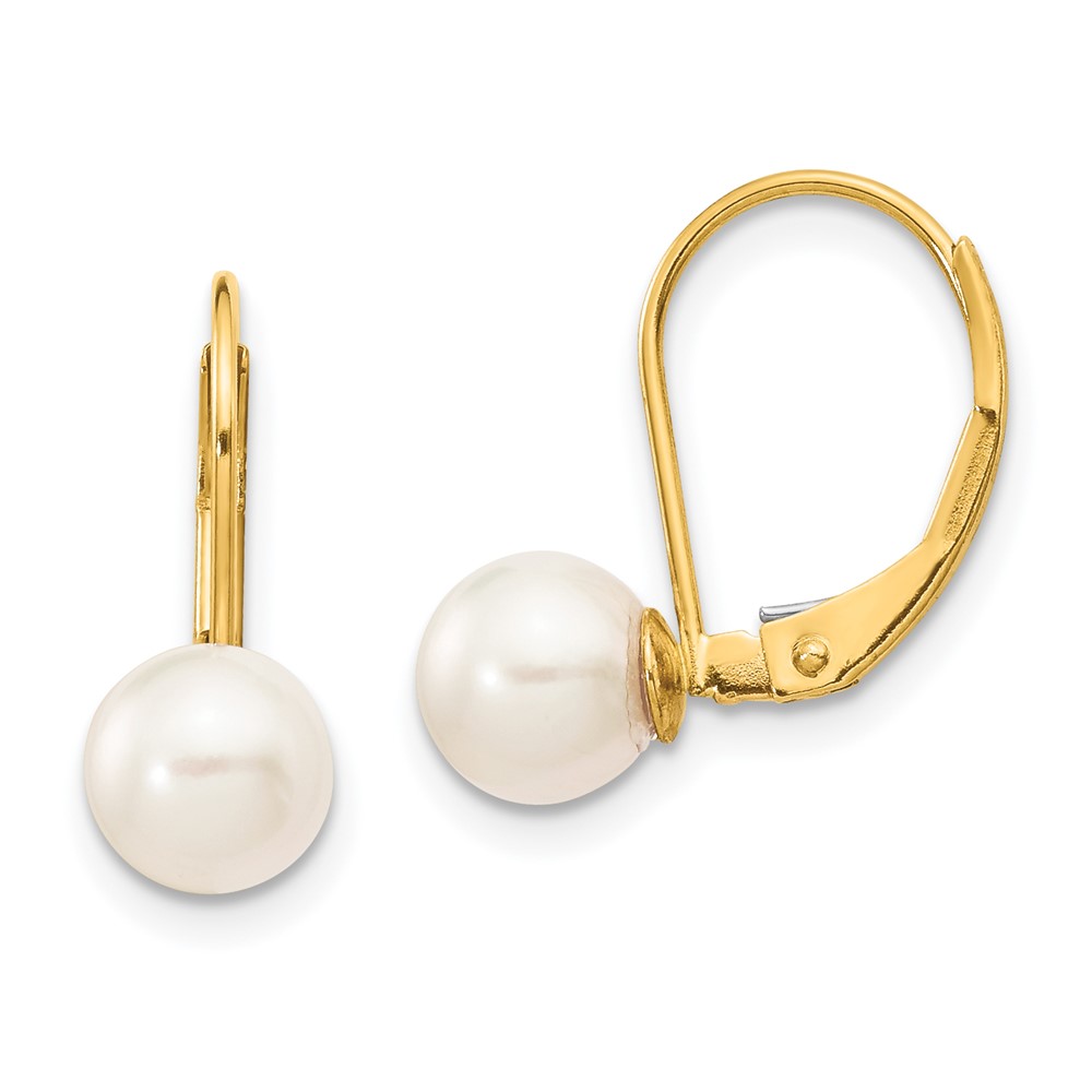 XF480E-1.jpg 14k 6-7mm White Round Akoya Saltwater Cultured Pearl Leverback Earrings - Image 1