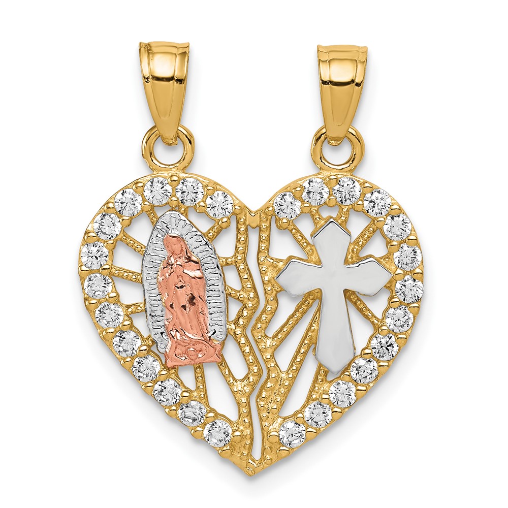 10C1047.jpg 10k Two-tone w/ White Rhodium CZ Religious Break-apart Heart Pendant - Image 1