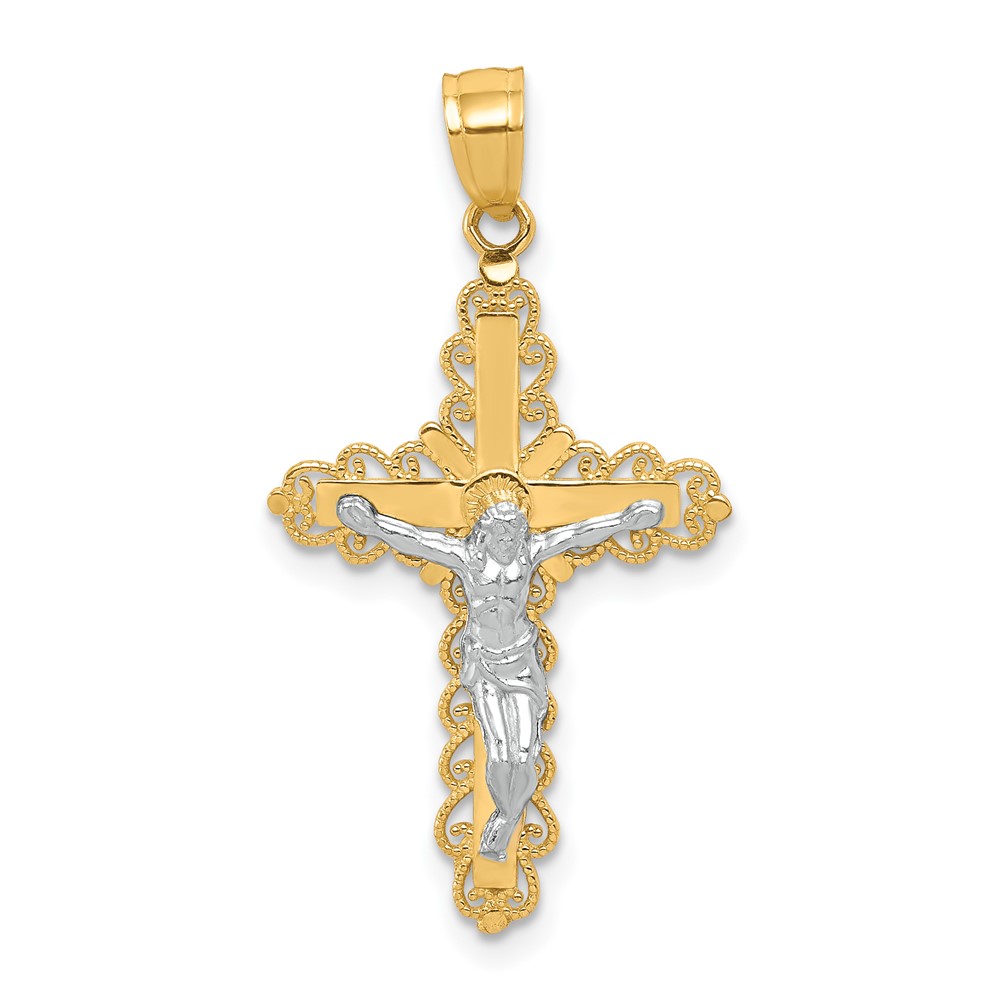 10C1052.jpg 10K w/ Rhodium Filigree Crucifix Pendant - Image 1