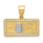 10K w/Rhodium CZ Micropave 100 Dollar Bill Pendant