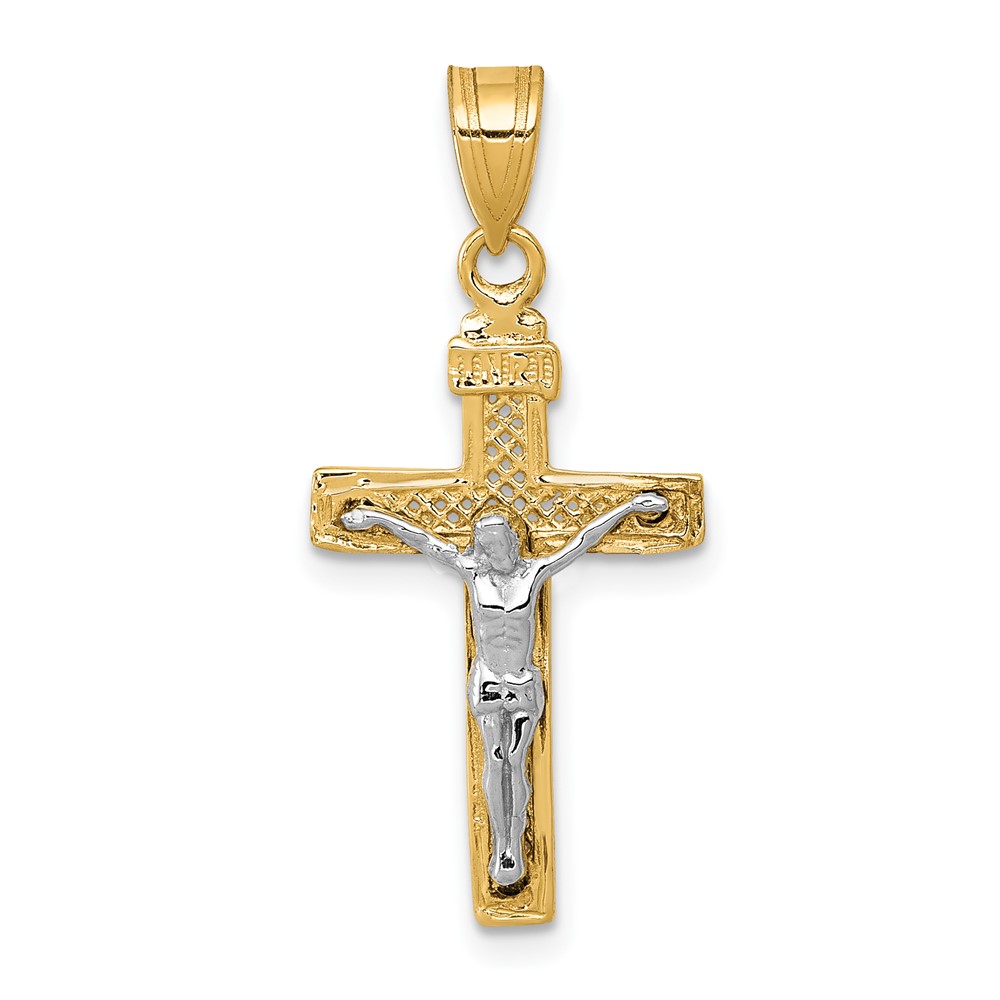 10C4349.jpg 10K Two-tone D/C Small Block Lattice Cross w/Crucifix Pendant - Image 1