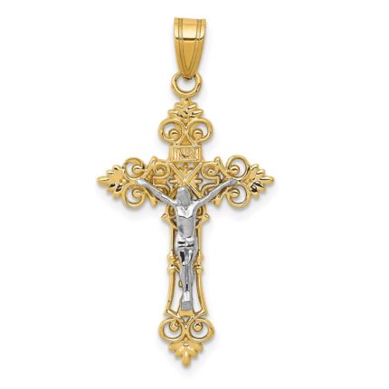 10K Two-tone Medium Lacey-edged INRI Crucifix Pendant