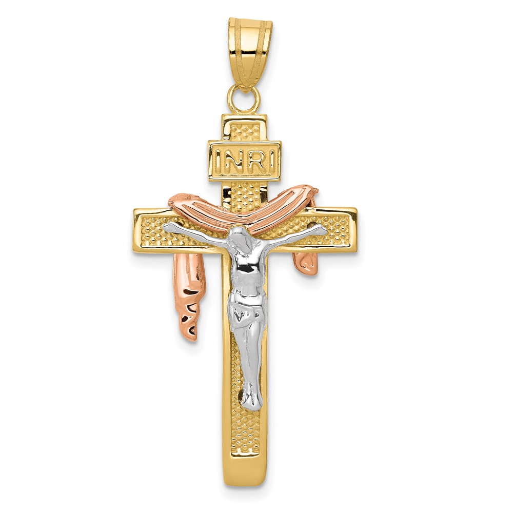 10D4322.jpg 10K Tri-color Large Draped INRI Crucifix Pendant - Image 1