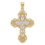 10K & Rhodium Polished & Textured Diamond Pattern Cross Pendant