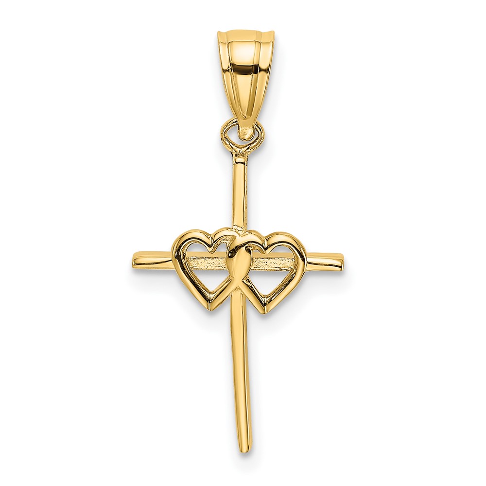 10K8397.jpg 10K Polished Double Hearts On Stick Cross Charm - Image 1