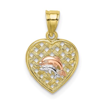 10K Two-tone w/Rhodium Double Dolphins On Woven Heart Charm