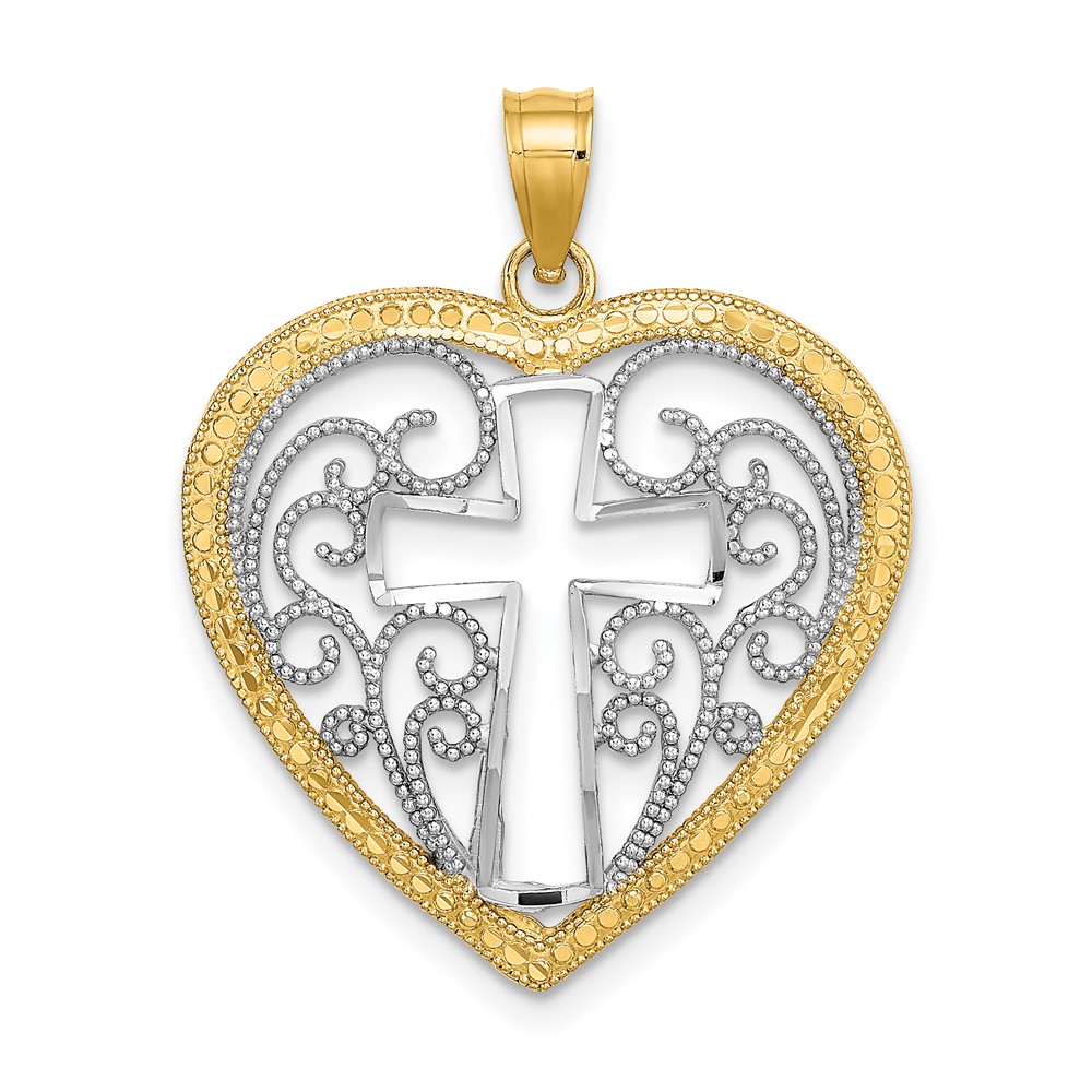 10K9411.jpg 10K W/ RhodiumCut-Out Beaded Filigree Heart W/ Cross Charm - Image 1