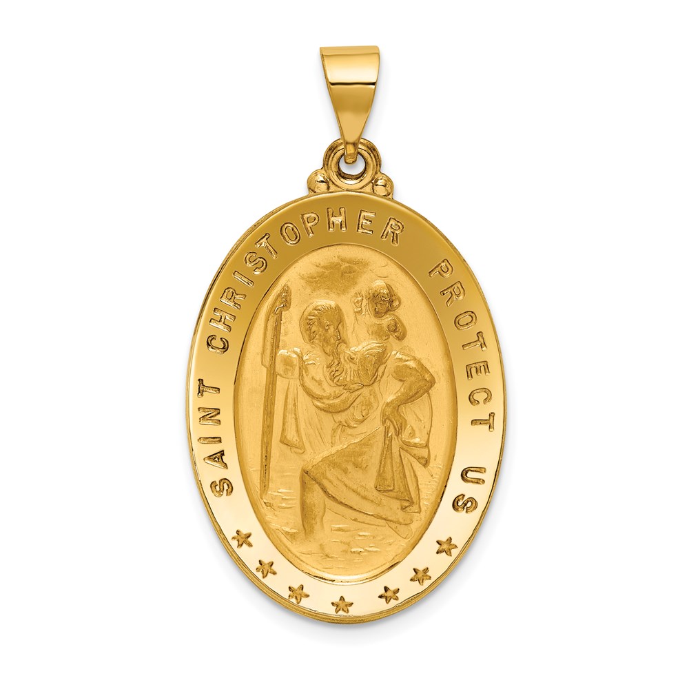 18XR15.jpg 18k Polished and Satin Large Solid St. Christopher Medal Oval Pendant - Image 1