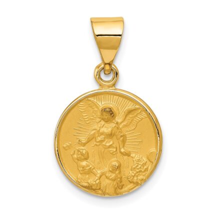 18k Polished and Satin Solid Guardian Angel Medal Pendant