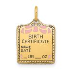 14k Enameled Pink Engravable BIRTH CERTIFICATE Charm