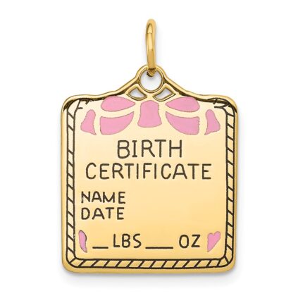 14k Enameled Pink Engravable BIRTH CERTIFICATE Charm