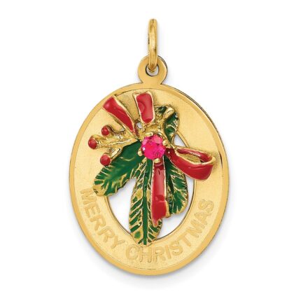 14k Enameled MERRY CHRISTMAS Mistletoe with Synthetic Stone Charm
