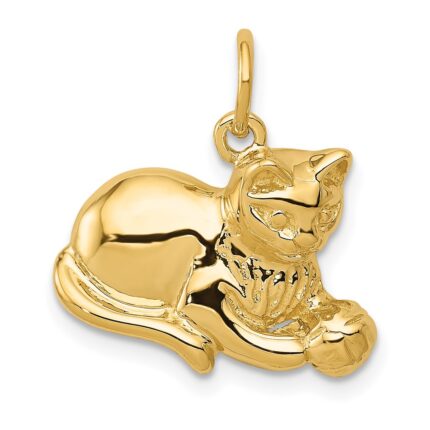 14k Solid Polished Open-Backed Cat with Ball Charm