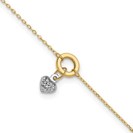 14K Two-tone Circle with Diamond-cut Puffed Heart Dangle Plus Extender - Total Anklet