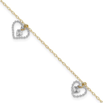 14K Two-tone Twisted Diamond-cut 3 Heart Dangles Plus Extender - Total Anklet