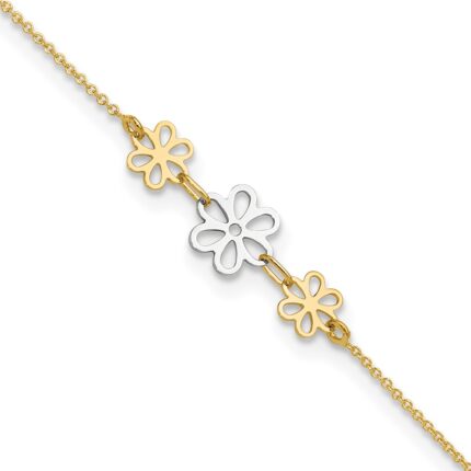 14K Two-tone Polished Three Cut-out Flowers Plus Extender - Total Anklet