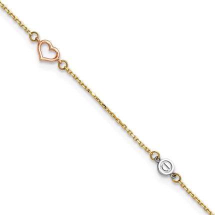 14k Tri-color Polished Hearts and Circles Plus Extender - Total Anklet