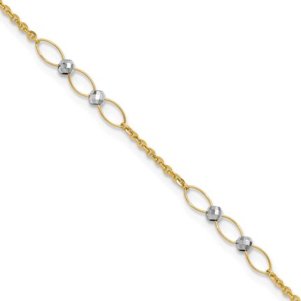 14k Two-tone Oval Links and Mirror Beads Plus Extender - Total Anklet