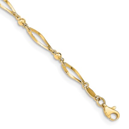 14k Polished Twisted Oval and Mirror Beads Anklet