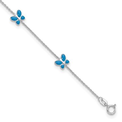 14k White Gold Blue Enameled Butterflies 7-Station Anklet
