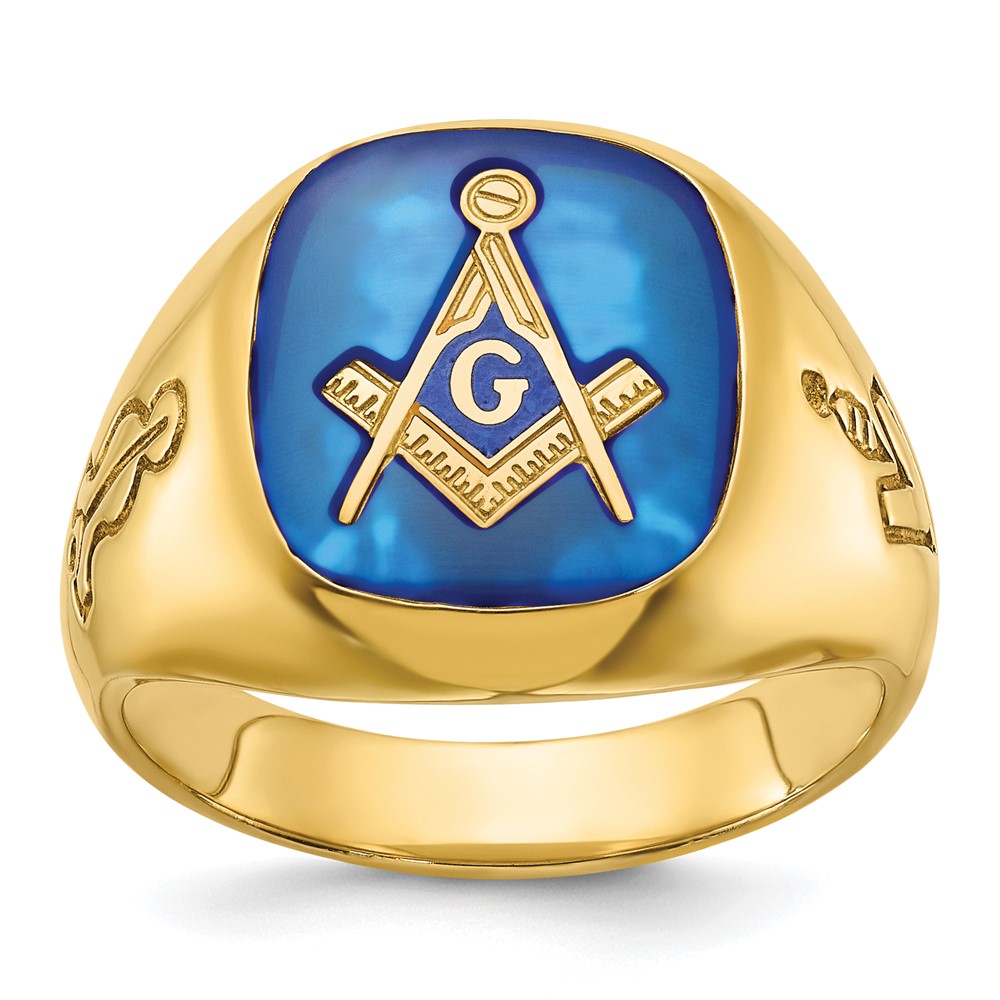 B02038-4YCS.jpg IBGoodman 14k Men's Polished and Grooved with Lab Created Sapphire Blue Lodge Master Masonic Ring - Image 1