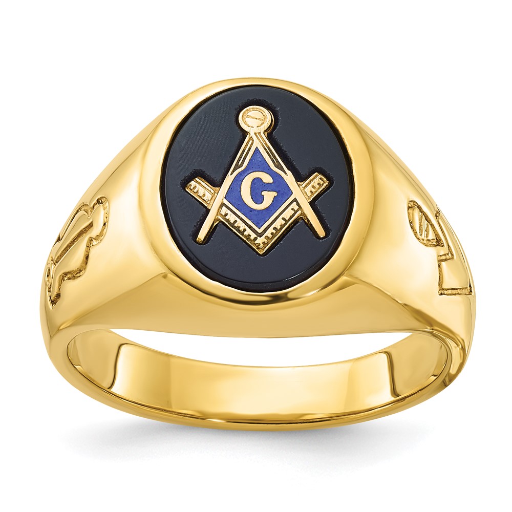 B02048-4YOX-1.jpg IBGoodman 14k Men's Polished and Grooved with Oval Onyx Blue Lodge Master Masonic Ring - Image 1