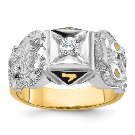 IBGoodman 14k Two-tone Men's Polished and Textured with Black Enamel and Diamond Double Eagle Masonic Shriner's Ring
