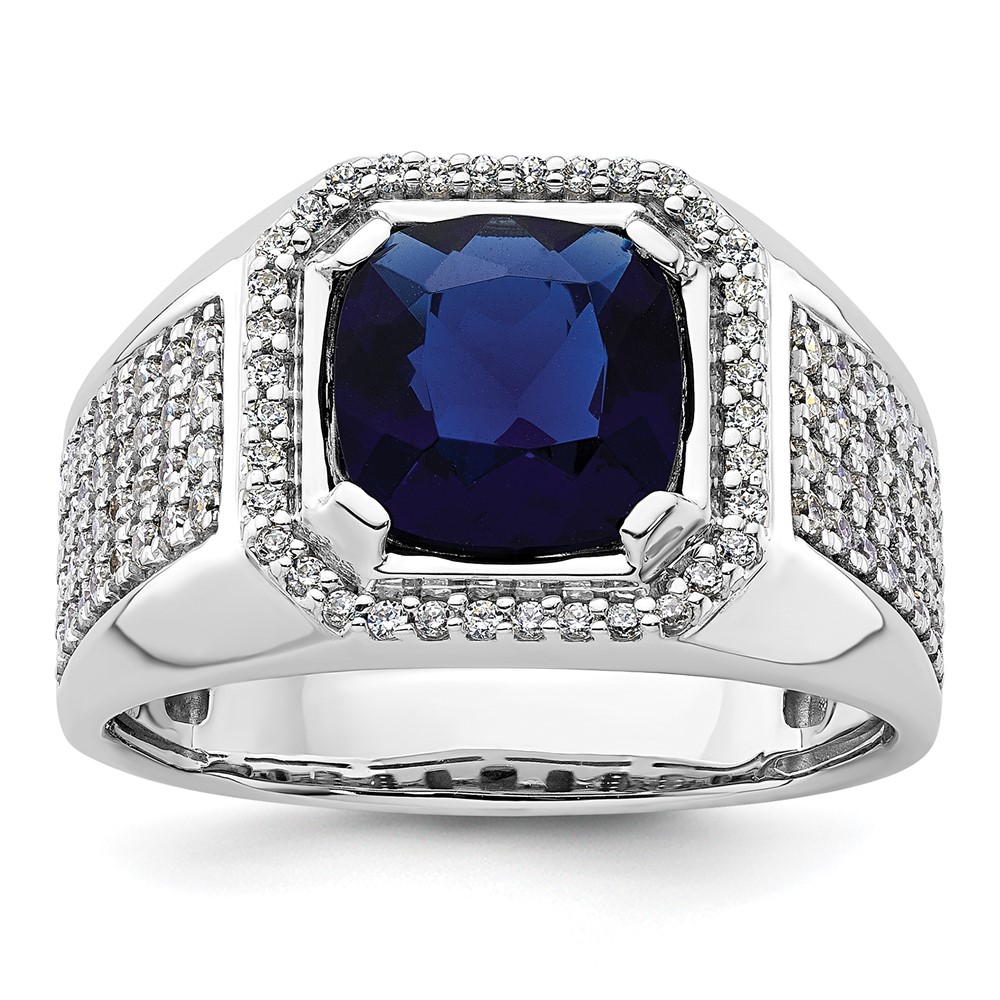 B220039-4WCS_AA.jpg IBGoodman 14k White Gold 7/8 carat Lab Grown Diamond VS/SI+ G+ and Created Blue Sapphire Complete Men's Ring - Image 1