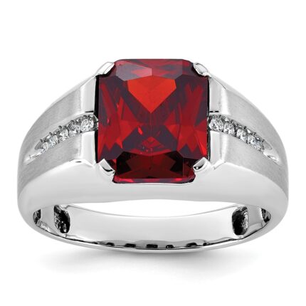 14k White Gold IBGoodman Men's Created Garnet and 1/10 carat Diamond Complete Ring