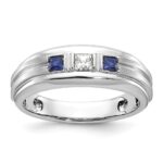 IBGoodman 14k White Gold Men's Polished Satin and Grooved Square 1/6 Carat AA Quality Diamond and Lab Created Sapphire 3-Stone Ring