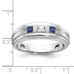 IBGoodman 14k White Gold Men's Polished Satin and Grooved Square 1/6 Carat AA Quality Diamond and Lab Created Sapphire 3-Stone Ring - Image 3