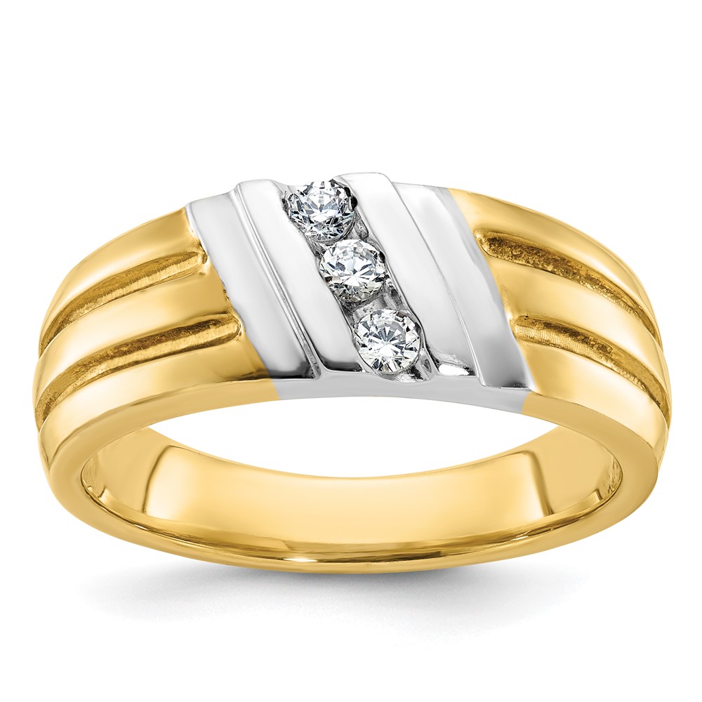 B56992-4YWAA.jpg IBGoodman 14k Two-tone Men's Polished and Grooved 3-Stone 1/5 Carat AA Quality Diamond Ring - Image 1