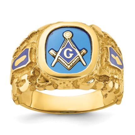 IBGoodman 14k Men's Polished and Nugget Textured with Blue Enamel and Lab Created Sapphire Blue Lodge Master Masonic Ring