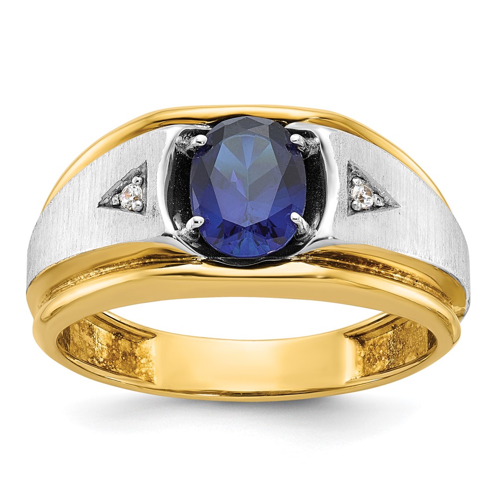 B57897-0YWCS_A.jpg IBGoodman 10k Two-tone Men's Polished Satin and Grooved Lab Created Sapphire and A Quality Diamond Ring - Image 1