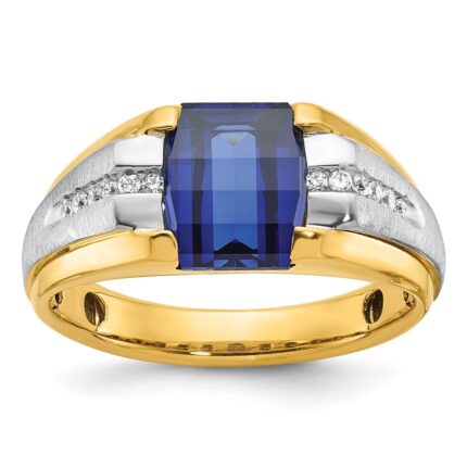 14k Two-tone IBGoodman Men's Created Sapphire and 1/8 carat Diamond Complete Ring