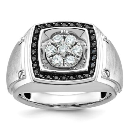 IBGoodman 14k White Gold Men's Polished and Satin 3/4 Carat AA Quality Black and White Diamond Halo Cluster Ring