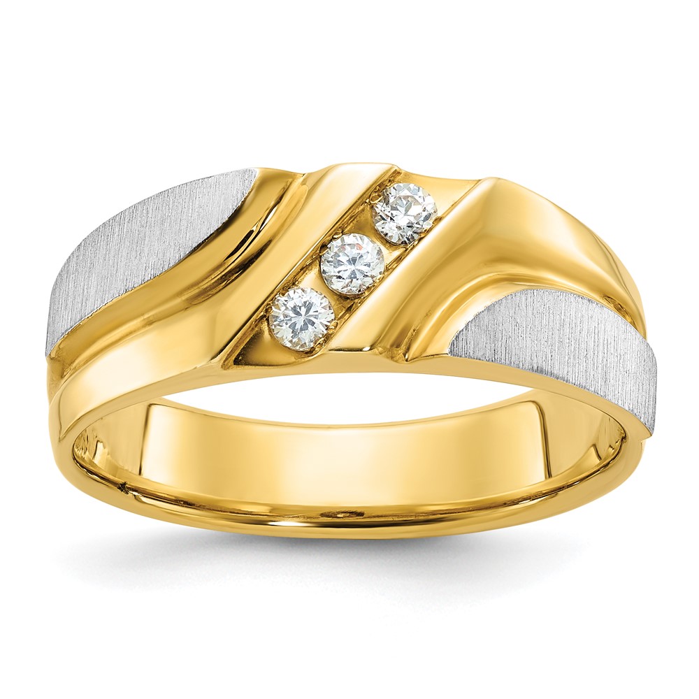 B63237-4YWAA.jpg IBGoodman 14k Two-tone Men's Polished Satin and Grooved 3-Stone 1/6 Carat AA Quality Diamond Ring - Image 1