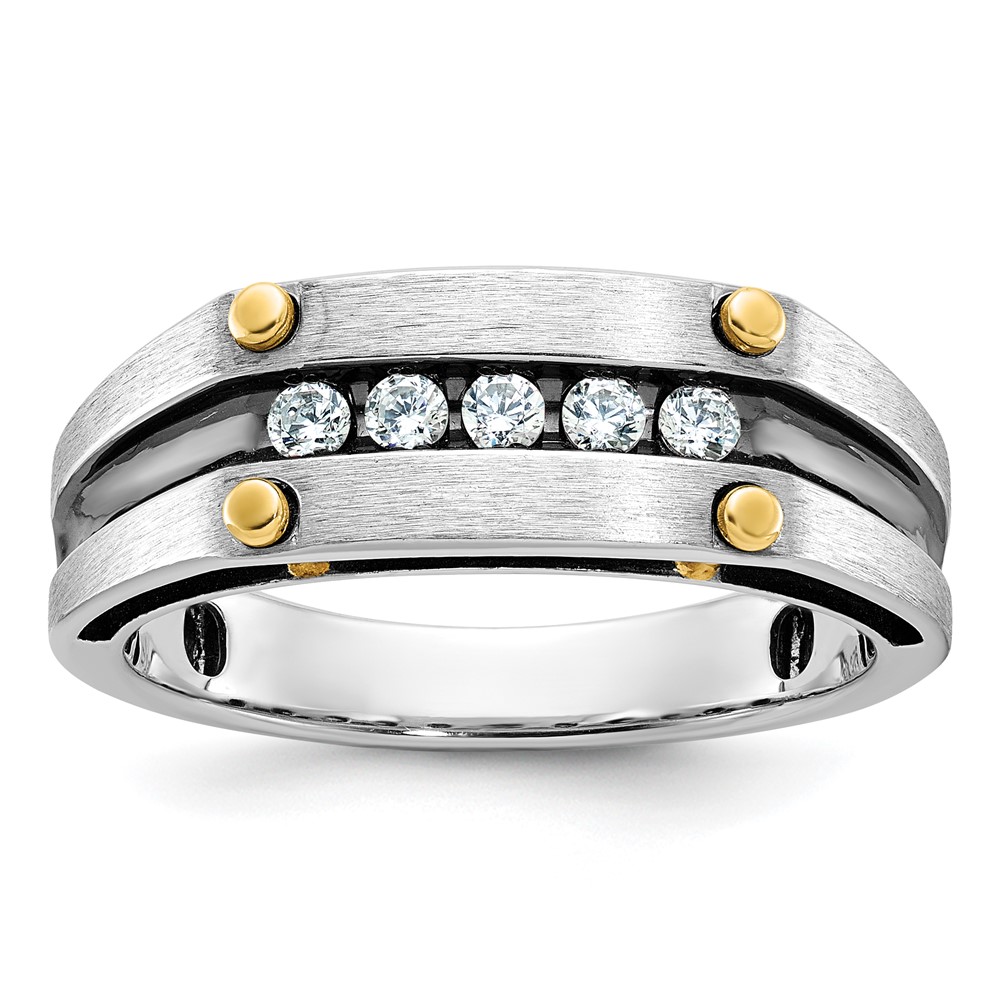B63778-4WYAA-1.jpg IBGoodman 14k Two-tone with Black Rhodium Men's Polished Satin and Grooved 5-Stone 1/4 Carat AA Quality Diamond Ring - Image 1