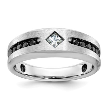 IBGoodman 14k White Gold with Black Rhodium Polished Satin and Grooved 1/2 Carat AA Quality Black and White Diamond Ring