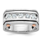IBGoodman 14k White and Rose Gold with Black Rhodium Men's Polished Satin and Grooved 5-Stone 1 Carat AA Quality Diamond Ring