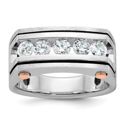 IBGoodman 14k White and Rose Gold with Black Rhodium Men's Polished Satin and Grooved 5-Stone 1 Carat AA Quality Diamond Ring