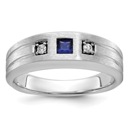 IBGoodman 14k White Gold 1/15 carat Lab Grown Diamond VS/SI+ G+ and Lab Created Blue Sapphire Complete Men's Ring